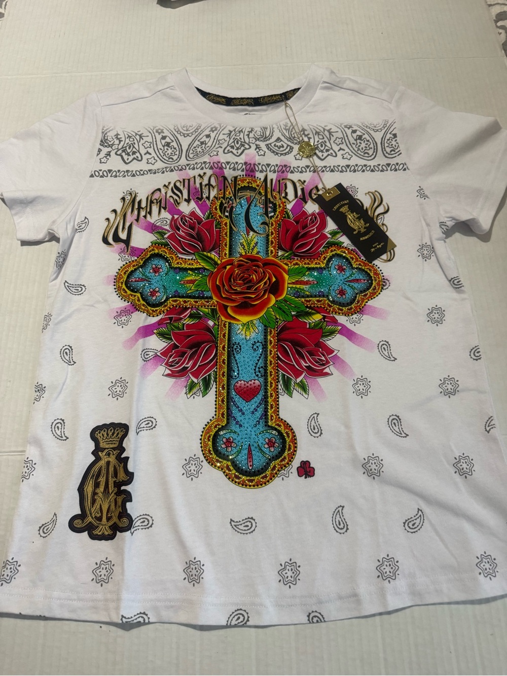Christian Audigier Ed Hardy ladies white  embellished Graphic  Tee sz 1X BNWT